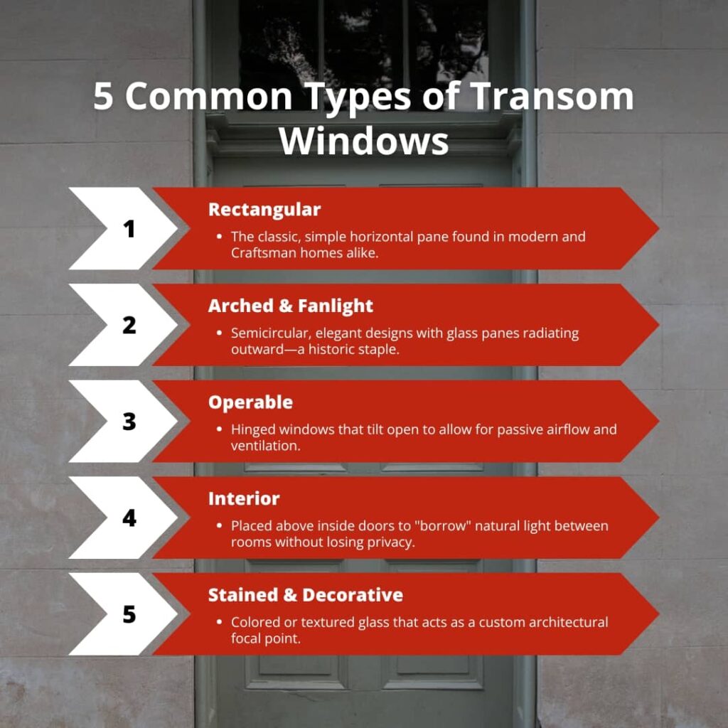 5 Common Types of Transom Windows (1) An infographic titled "5 Common Types of Transom Windows" lists and briefly describes five styles: rectangular, arched and fanlight, operable, interior, and stained and decorative.