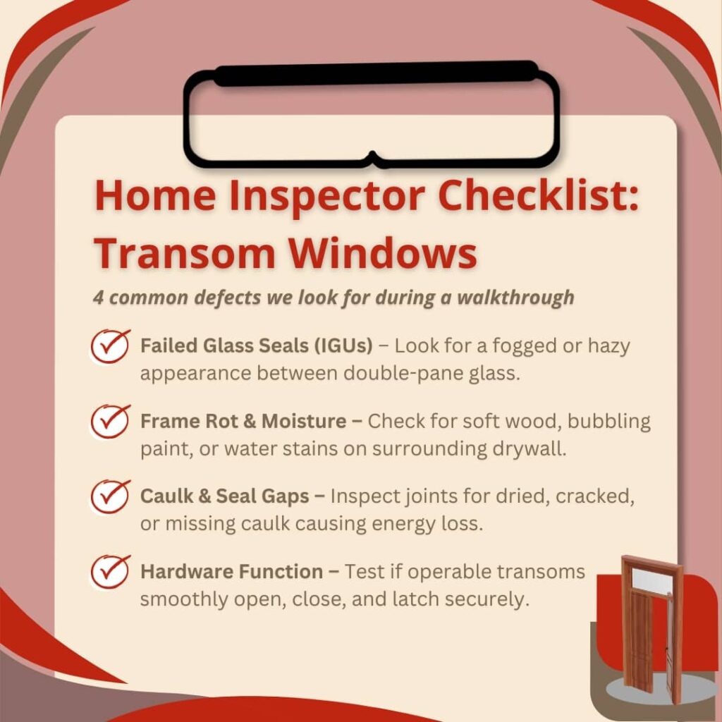 An infographic styled like a clipboard titled "Home Inspector Checklist: Transom Windows" details four common defects to look for during a walkthrough: failed glass seals, frame rot and moisture, caulk and seal gaps, and hardware function.