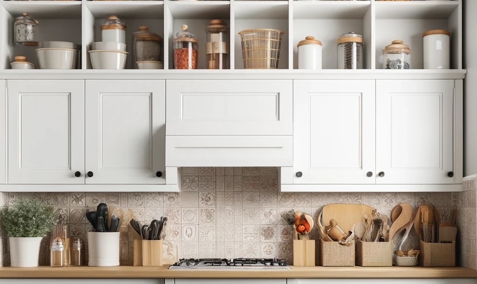 Functional storage is a great way to decorate above kitchen cabinets