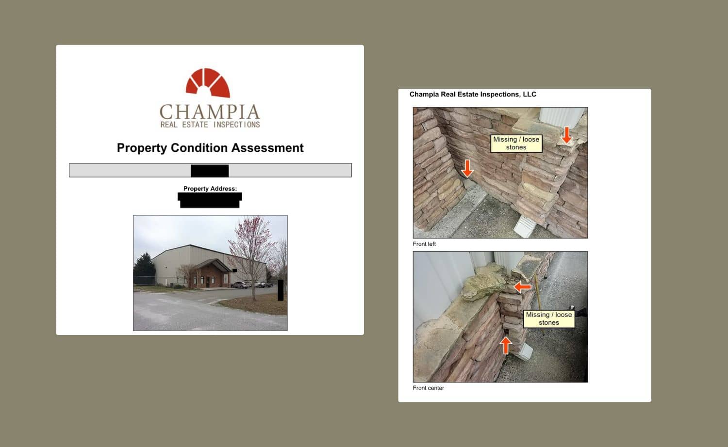 Sample home inspection report from champia, showing no pass or fail grade.