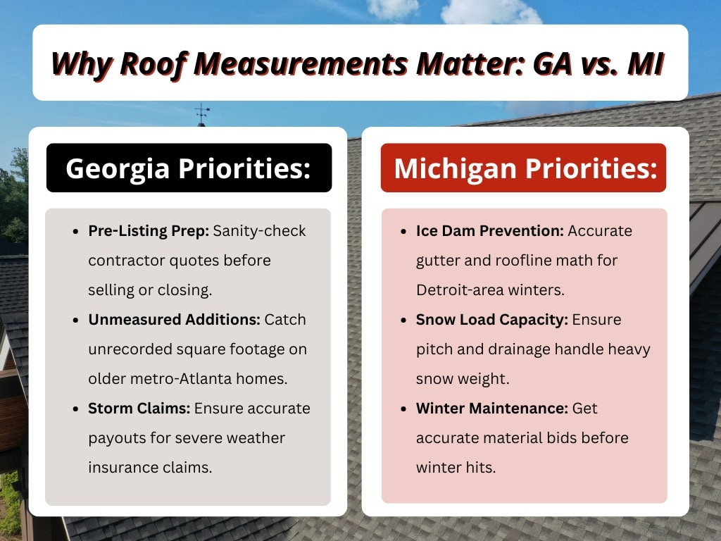 Why Roof Measurements Matter An infographic titled 'Why Roof Measurements Matter: GA vs. MI' outlining key priorities for Georgia, such as storm claims, and Michigan, such as ice dam prevention.