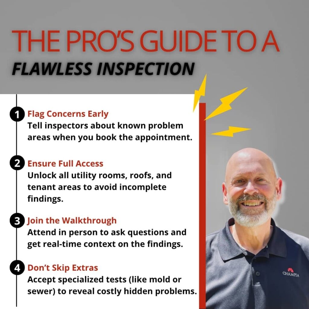Tips to Get the Most From Your Building Inspection An infographic titled "The Pro's Guide to a Flawless Inspection" featuring four tips for a successful property inspection alongside a photo of a smiling Champia professional.