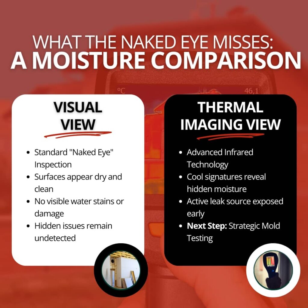 residential vs commercial property inspections (2) (1) This infographic titled "What the Naked Eye Misses" compares standard visual inspections with thermal imaging inspections, detailing how infrared technology reveals hidden moisture and active leaks that are invisible to the naked eye.