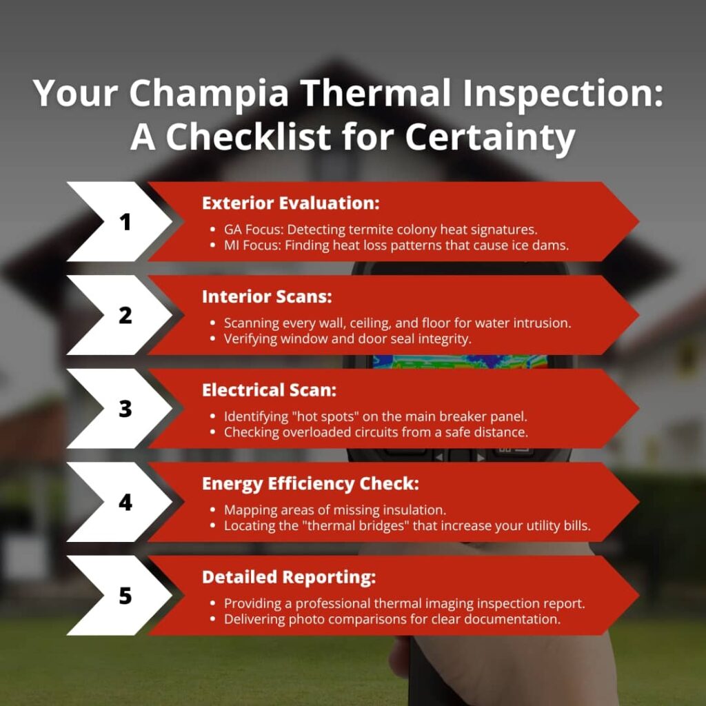 thermal checklist (1) An infographic titled "Your Champia Thermal Inspection: A Checklist for Certainty" detailing a five-step process including exterior evaluation, interior scans, electrical and energy efficiency checks, and professional reporting.