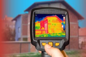 A handheld thermal imaging camera displays an infrared heat map of a residential home to detect temperature variations and potential energy loss during a professional property inspection.
