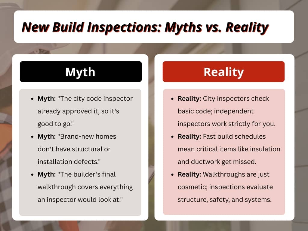 An infographic titled "New Build Inspections: Myths vs. Reality" features a side-by-side chart contrasting common misconceptions about brand-new homes with facts regarding city codes, build defects, and the value of independent inspections.