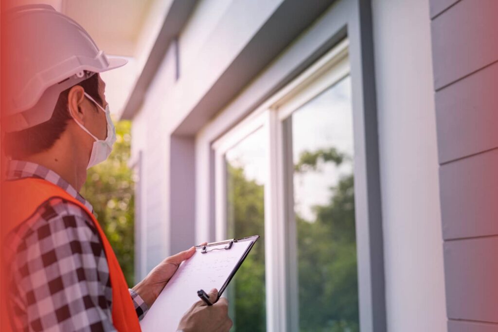 A home inspector wearing a hard hat, face mask, and safety vest holds a clipboard while examining the exterior window of a modern residential building.