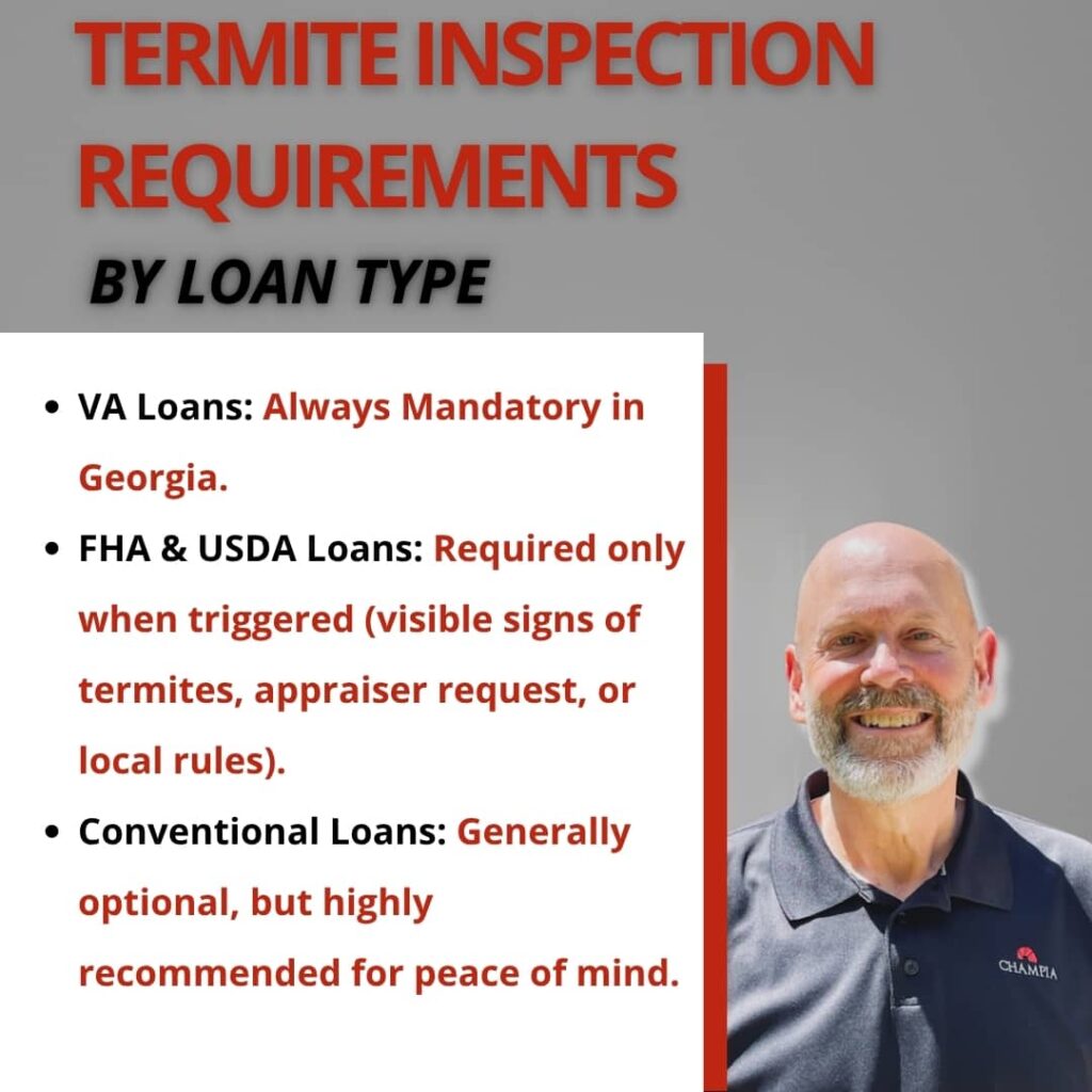 Do You Always Need a Termite Inspection for a Home Loan? 3 Termite Inspection for a Home Loan: An informational graphic outlining termite inspection requirements for VA, FHA/USDA, and conventional loans, displayed next to a photo of a smiling Champia team member.