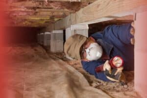 A home inspector wearing a protective mask, cap, and gloves crawls through a low crawl space while shining a flashlight beneath wooden floor joists and concrete support pillars.