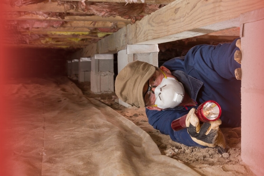 What Causes Crawlspace Moisture 1 A home inspector wearing a protective mask, cap, and gloves crawls through a low crawl space while shining a flashlight beneath wooden floor joists and concrete support pillars.