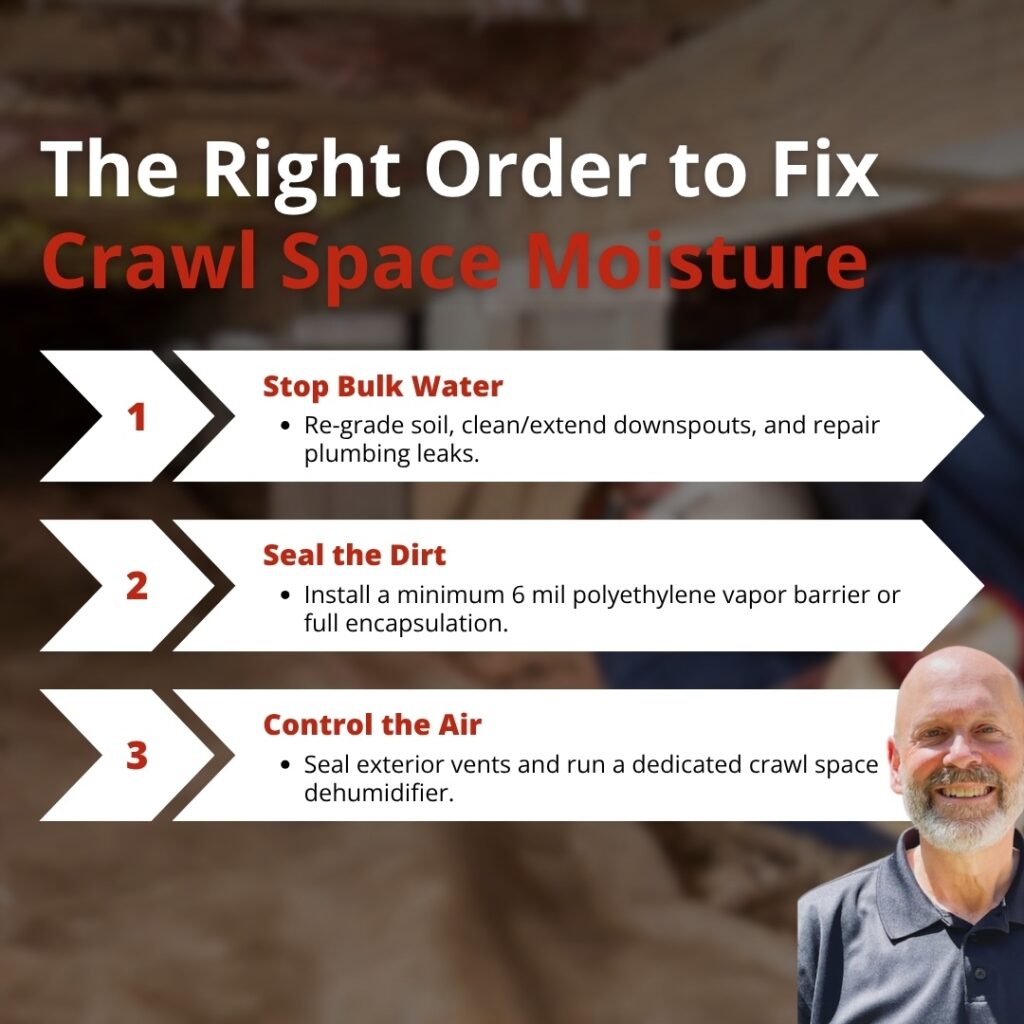 The Right Order to Fix Crawl Space Moisture An infographic titled "The Right Order to Fix Crawl Space Moisture" outlining a three-step process: 1) Stop Bulk Water by re-grading soil and repairing leaks, 2) Seal the Dirt with a vapor barrier or encapsulation, and 3) Control the Air by sealing exterior vents and running a dehumidifier.