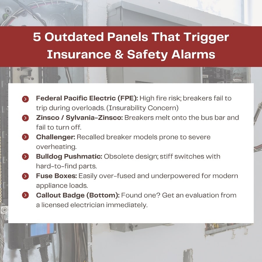 Electrical Panel Inspection Guide 4 An infographic listing five outdated electrical panels—including Federal Pacific Electric, Zinsco, Challenger, Bulldog Pushmatic, and fuse boxes—that pose safety and insurance risks.