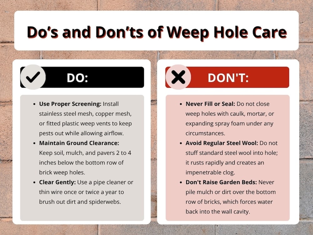 What Is a Weep Hole? A Home Inspector's Guide 4 An infographic titled "Do's and Don'ts of Weep Hole Care" outlines maintenance best practices and common mistakes for homeowners asking what is a weep hole.